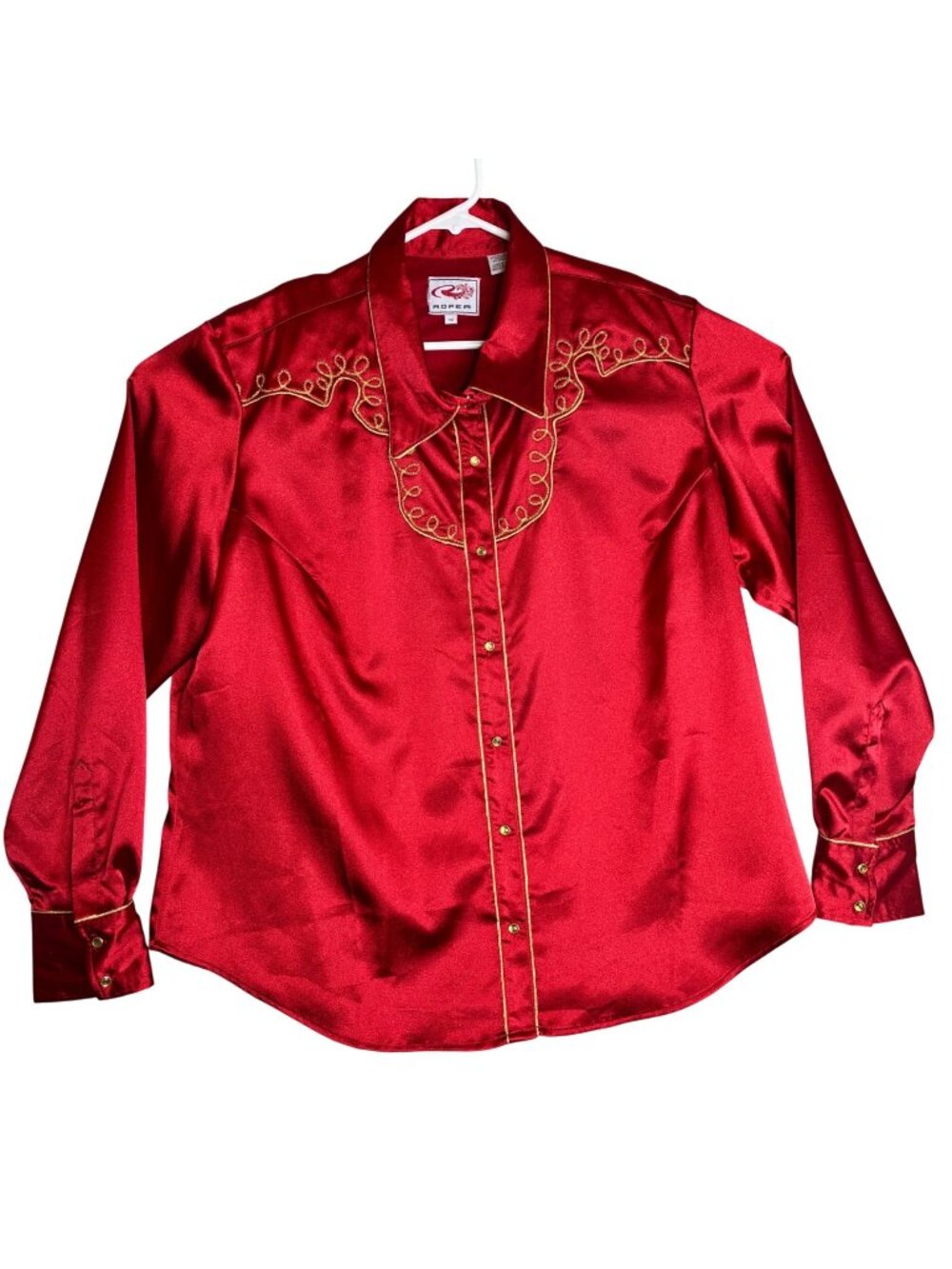 Roper Womens Western Shirt 1X Red Satin Long Sleeve Gold Embroidered Cowgirl Top